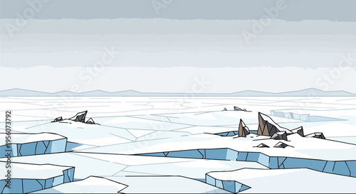 Expansive Frozen Arctic Wilderness with Stylized Ice Floes and Snow-Dusted Rocks Under a Bleak Sky, capturing serene desolate beauty of remote polar