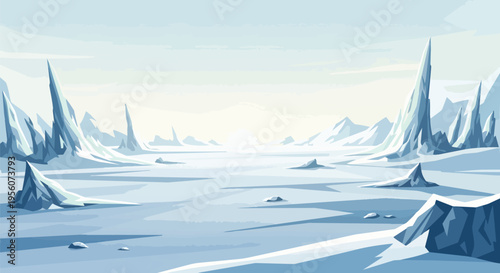 Expansive frosted tundra vista with towering glacial formations under a serene wintry sky a pristine and stark frozen wilderness illustration vector