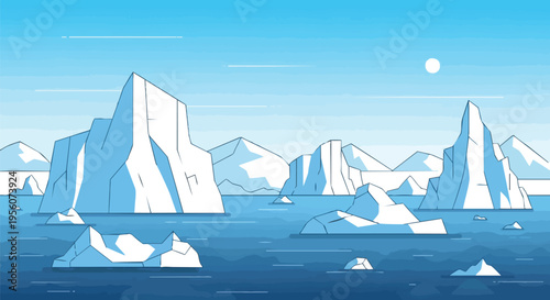 A captivating minimalist illustration displaying the pristine grandeur of numerous towering icebergs gracefully drifting in a calm, cool blue arctic