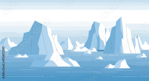 Expansive arctic landscape illustration featuring towering ice formations adrift on vast frigid waters under a serene pale sky representing a