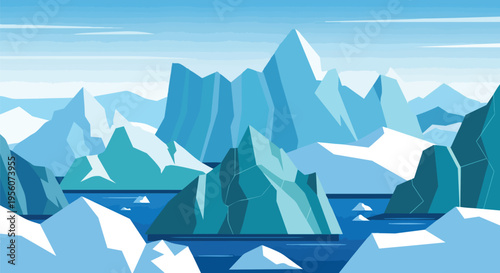 Stunning minimalist vector landscape of cold northern wilderness. Massive icebergs and towering mountains rise from deep blue polar waters. Clear