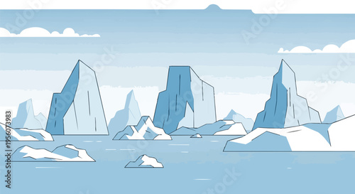 Arctic Ocean ice formations at twilight. Minimalist style illustration of a frozen sea with towering icebergs and scattered floes under a pale sky.