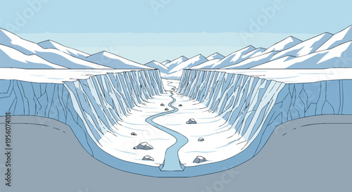 Expansive arctic glacial valley illustration depicting a winding river forging its path through towering ice walls flanked by majestic snow-clad