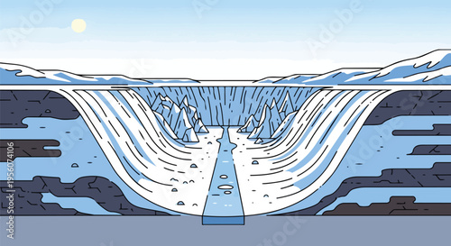 Stylized depiction of a majestic glacial channel, featuring towering ice formations and a serene meltwater stream.