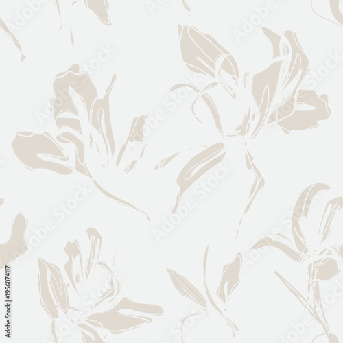 Beige And White Botanical Floral Pattern Design Textile Print Fashionable Flower Repeat For Homeware Elegant Surface Design Neutral Color Palette Artistic Floral Background