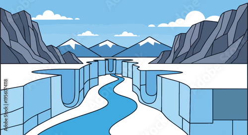 Arctic river valley illustration with a winding stream through an icy canyon and snow peaks