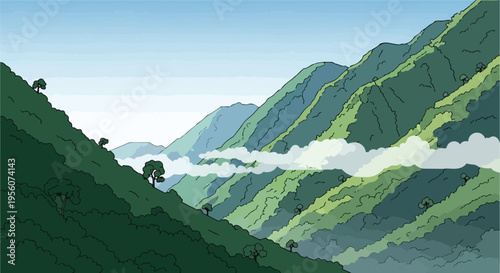 Vibrant green mountain landscape illustration with peaceful misty valleys and clear blue skies, ideal for calm nature-themed digital artwork and
