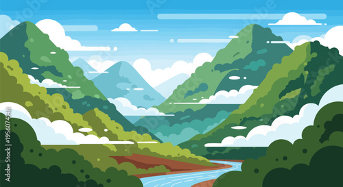 Vibrant minimalist vector art depicting a serene mountain valley landscape with winding river under a clear blue sky