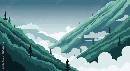 Misty mountain valley vista at dawn vector art serene natural landscape with evergreen trees and rolling clouds