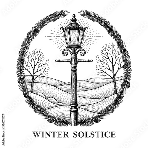 Elegant Hand-Drawn Winter Solstice Landscape with Vintage Lamppost and Pine Wreath Illustration