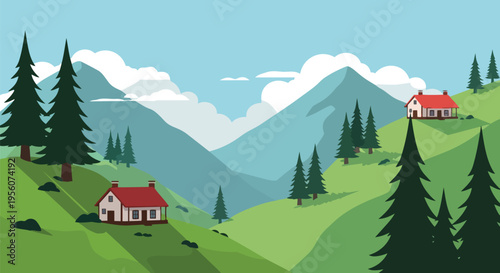 Charming hillside houses nestled among towering pine trees within a vibrant mountain valley landscape illustration under a serene blue sky with