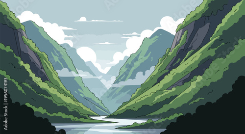 Vibrant cartoon valley landscape with tranquil river meandering between lush green mountains under a cloudy sky an appealing natural illustration