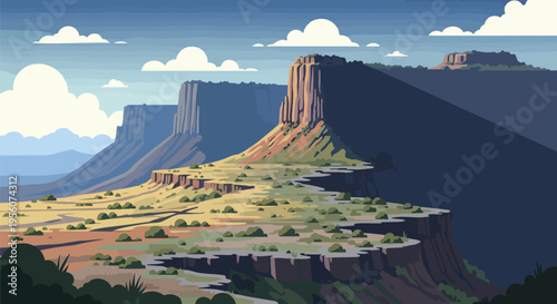 Vast desert landscape illustration featuring towering mesa formations under a dynamic sky with white clouds casting long, dramatic shadows across