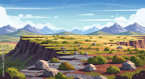 Expansive panoramic vista of an animated rugged mountain range overlooking a vast arid plain featuring dramatic cliff formations beneath a clear