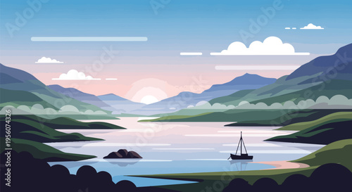 Vector art portraying a peaceful sunrise or sunset over a sprawling lake surrounded by layered hills and mountains with a lone sailboat near the