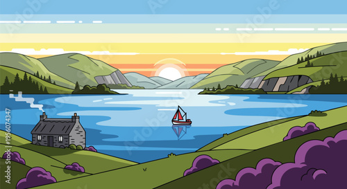 A serene cartoon illustration of a tranquil lake nestled amidst rolling green hills with a quaint stone cottage and sailboat at sunset offering a