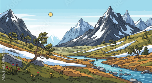 Vibrant illustrative alpine valley panorama with majestic snow-capped peaks, winding river, and a cheerful sun illuminating the crisp mountain air.