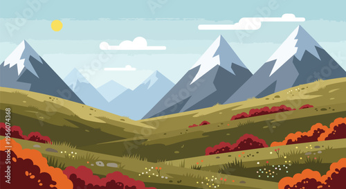 Vibrant flat design mountain landscape with colorful autumn foliage and sunny skies an original illustrated natural scene captivating and visually