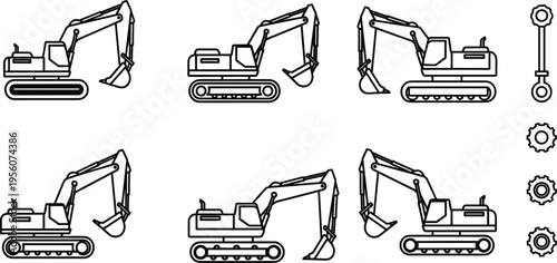 Line Art Excavator Construction Equipment Set with Hydraulic Diggers and Heavy Machinery Vehicles for Engineering Building and Industrial Vector 