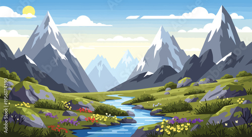 Vibrant alpine valley illustration featuring majestic snow-capped peaks a winding azure river lush green meadows dotted with blooming wildflowers