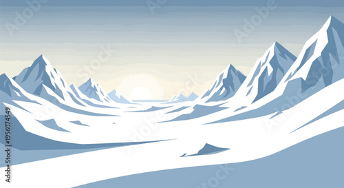 Panoramic Vector Illustration of a Serene Winter Mountain Range at Dawn with Snowy Peaks and Valleys