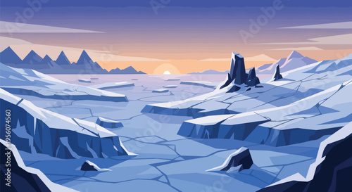 Stylized arctic panorama at dawn, featuring vast frozen waters and majestic snow-covered mountains