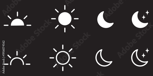 Sun and moon day night weather icon set with line and filled variations vector illustration isolated on transparent background