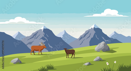 A tranquil alpine vista showcasing a majestic antlered stag and a gentle doe peacefully grazing on vibrant green hillsides beneath towering