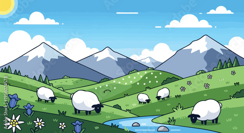 Charming animated mountain valley illustration with grazing sheep and a flowing river under a bright sky.