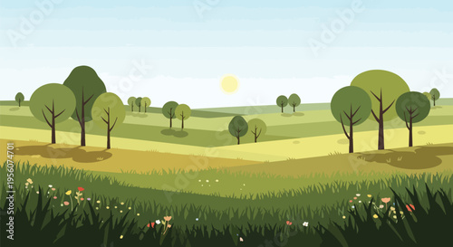 Expansive idyllic natural landscape illustration with vibrant green rolling hills diverse trees and a tranquil sunny sky in a charming flat design