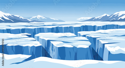 Vast glacial expanse with deep crevices and towering snow-covered mountains under a crisp blue sky depicting a truly frozen polar world of serene
