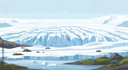 Vast arctic glacier panorama with majestic ice formations and tranquil frozen lake a beautiful cold wilderness scene illustration