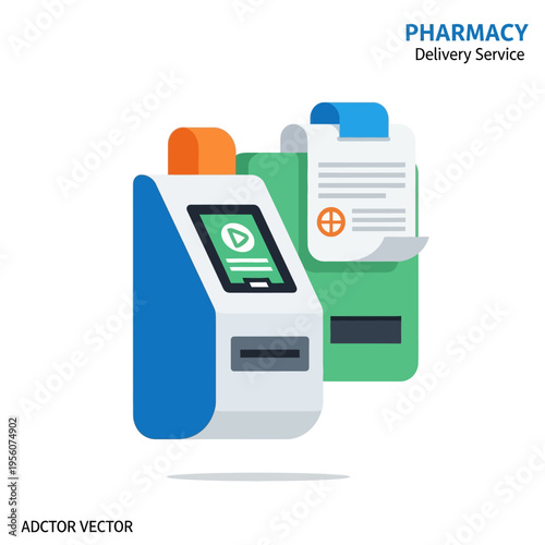 Automated pharmacy kiosk for prescription pickup and delivery services, featuring a touch screen interface and receipt printer.