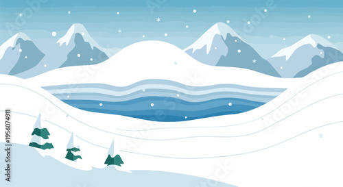 A tranquil vector illustration showcasing a pristine winter landscape featuring majestic snow-capped peaks, undulating frozen terrain and a calm