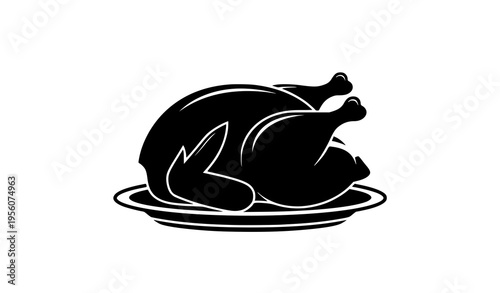 Roasted chicken silhouette icon on plate vector for food dinner and restaurant design