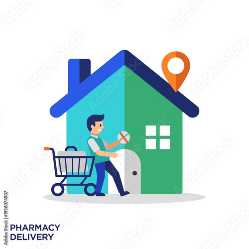 A person with a shopping cart is delivering medicine to a house with a location pin on the roof.
