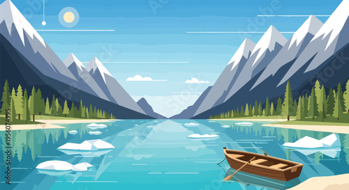 Serene alpine lake with snow-capped mountains, evergreen forests, and a rowboat