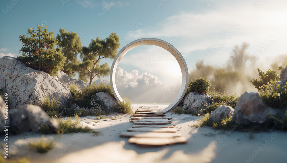 Naklejka premium Beach entrance scene. Sunlit shoreline with plants. Sunny beach entrance amid coastal flora. Bright sandy pathway framed by dune bushes and clear sky