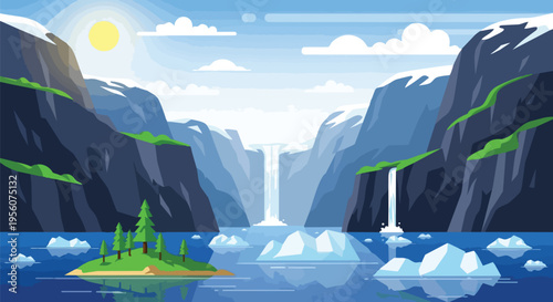 A captivating vector illustration showcasing a majestic fjord vista with towering cliffs, pristine waterfalls, serene glacial waters, distant