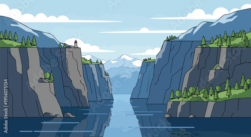 Animated fjord illustration: grand cliffs, serene water, pine forests, snowy peaks, a lighthouse, calm sky, creating a peaceful, vast natural tableau