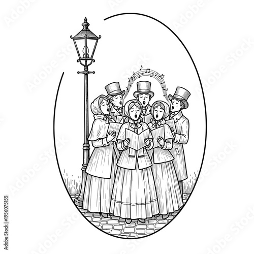 Vintage Christmas Carolers Singing on a Cobblestone Street by an Old Gas Lamp