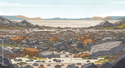 Vast illustrative landscape depicting a rugged rocky foreground leading to distant undulating peaks and a tranquil, expansive body of water under a