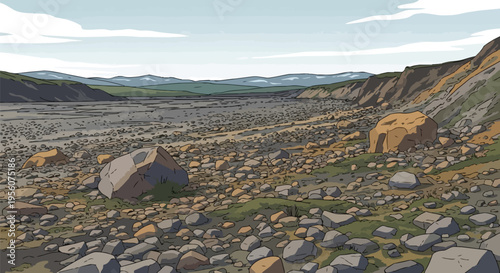 Expansive animated vista of a desolate rocky riverbed winding through a wide valley under a pale sky, highlighting rugged terrain and sparse