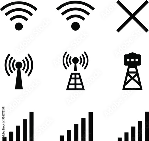 Modern Icon Set: WiFi Signal, Network Tower, and Connection Strength Illustrations