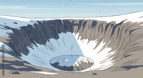 Minimalist illustration of a vast frozen impact crater featuring snow-covered, rugged walls and a serene central glacial pond reflecting the clear