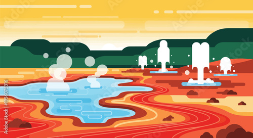 A vibrant illustration of an active geothermal landscape featuring steaming hot springs and powerful geysers erupting from the colorful mineral-rich