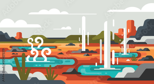 Vibrant minimalist illustration depicting active geothermal geysers and steaming hot springs within a unique, colorful natural desert landscape scene