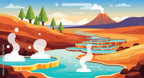 Vibrant vector art of a geothermal landscape with hot springs, terraced pools, a river, and a smoking volcano.