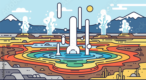 A visually striking stylized illustration depicting a vibrant geothermal landscape featuring powerful geysers erupting steam and colorful thermal