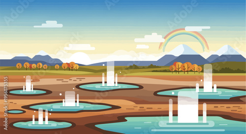 A vibrant flat illustration capturing a dynamic geothermal landscape featuring multiple active geysers and hot springs, set against a backdrop of